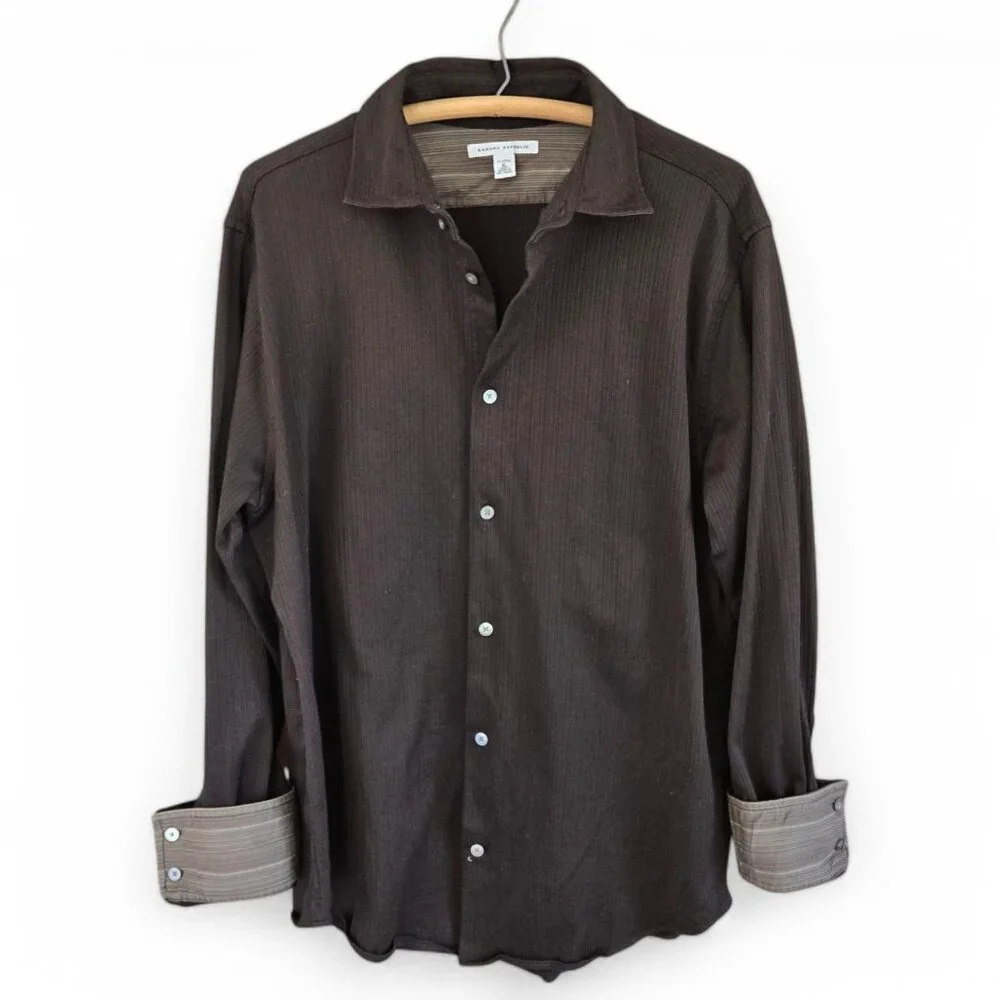Lauren Ralph Lauren Button-Up Shirt Mens Ribbed Textured Brown Striped Size XL - Picture 2 of 10